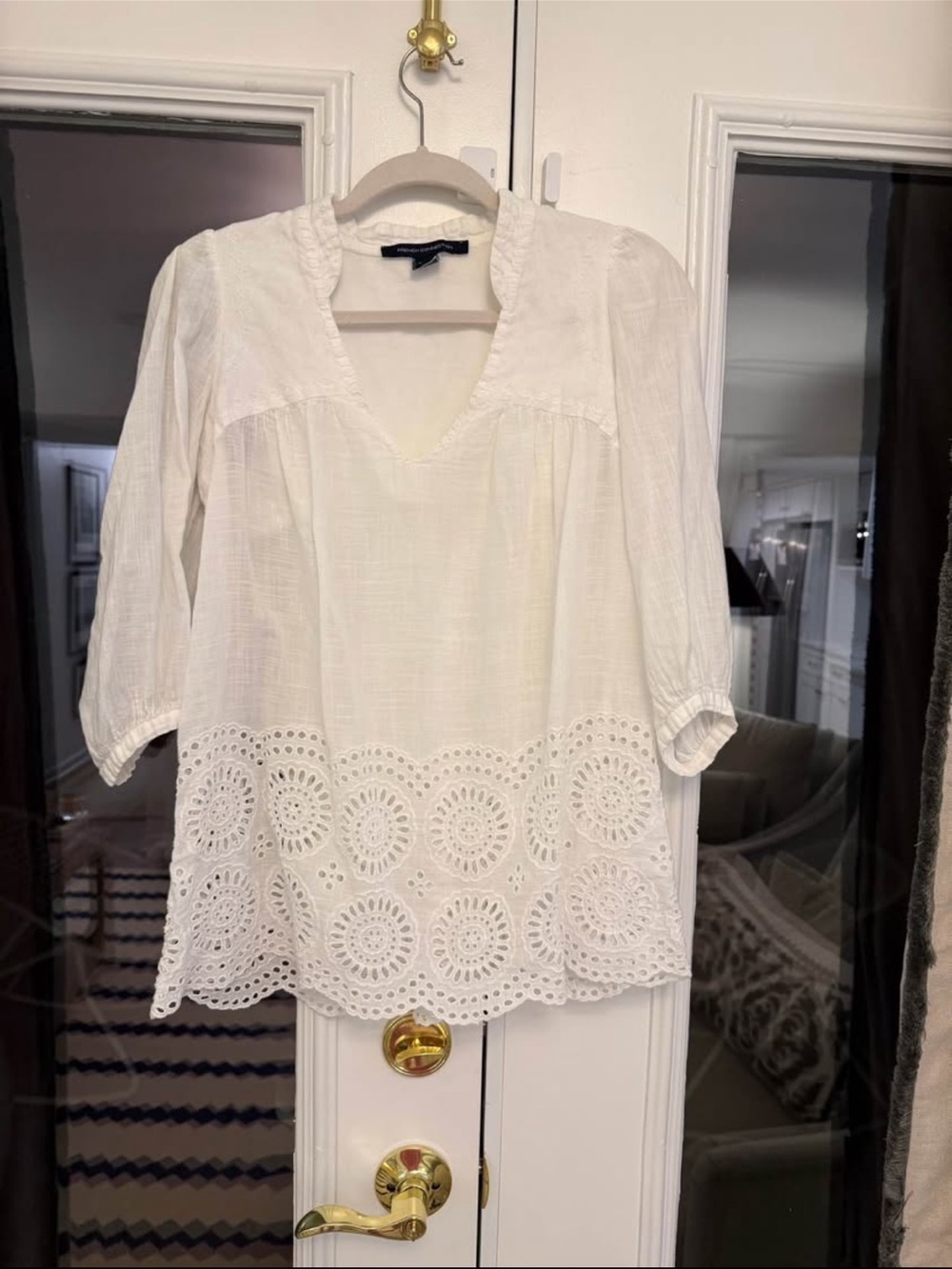 French Connection White Eyelet Hem Peasant Blouse